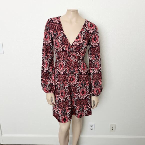 [Anthropologie] Maeve Red Paisley Print Long Sleeve V-Neck Dress Size Medium M - Picture 2 of 12